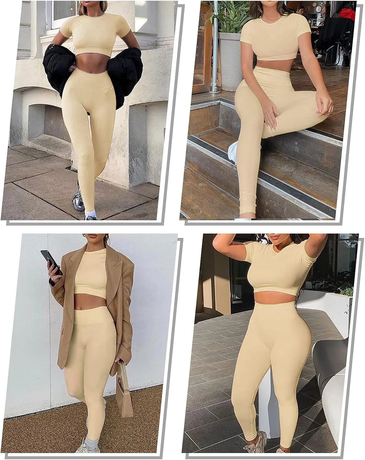 2 Piece Short Sleeve Outfits for Women Seamless Crop Tops Set for Women Workout Set