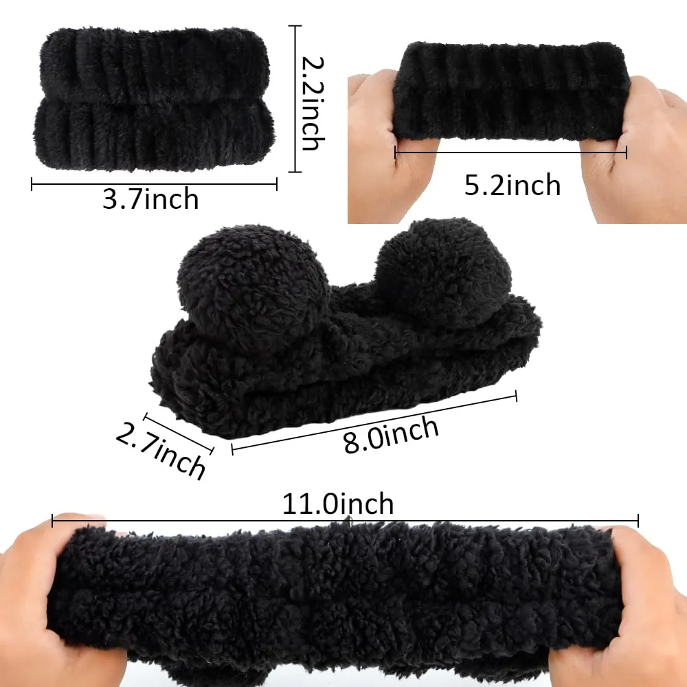 AHONEY Spa Bear Ears Headband, Face Wash Headband and Wristband Set, Cute Makeup Skincare Headbands Wrist Bands for Washing Face Elastic Fluffy Headband for Women Girls Cosmetic (Black)