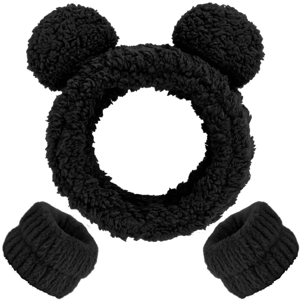 AHONEY Spa Bear Ears Headband, Face Wash Headband and Wristband Set, Cute Makeup Skincare Headbands Wrist Bands for Washing Face Elastic Fluffy Headband for Women Girls Cosmetic (Black)