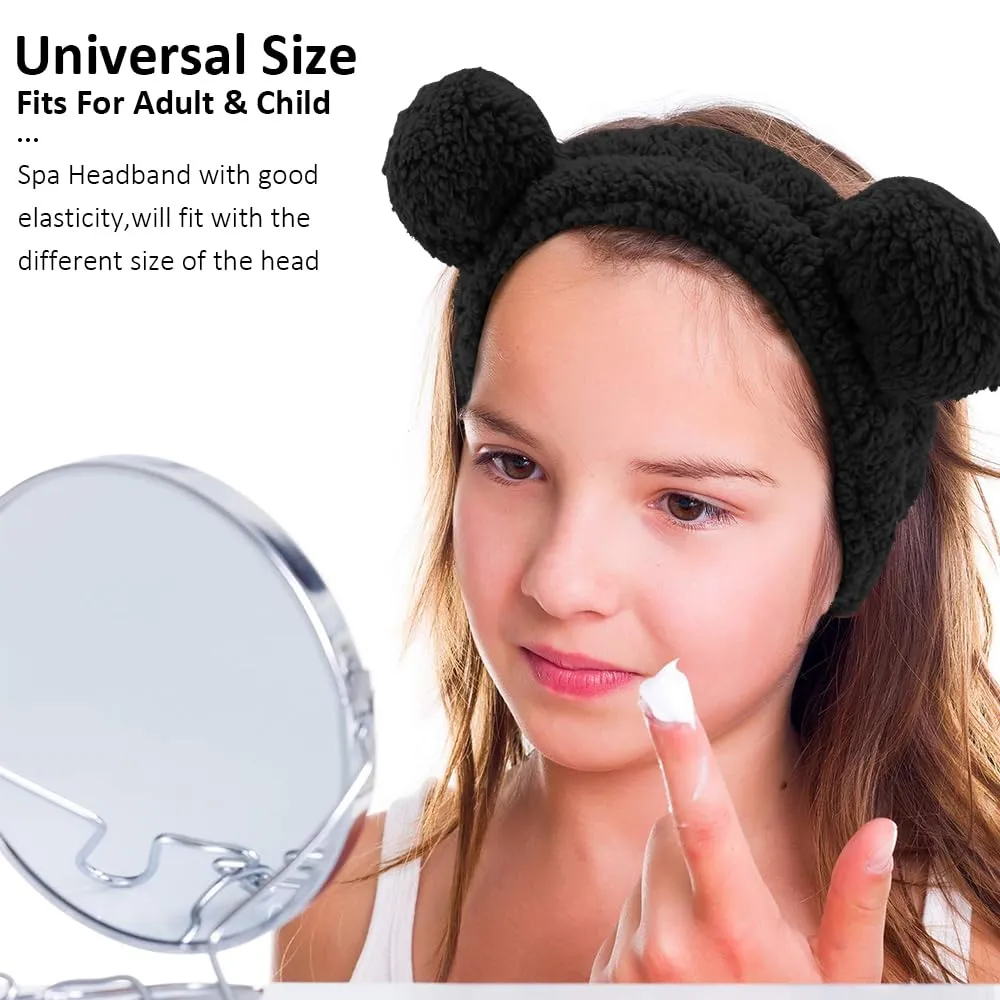 AHONEY Spa Bear Ears Headband, Face Wash Headband and Wristband Set, Cute Makeup Skincare Headbands Wrist Bands for Washing Face Elastic Fluffy Headband for Women Girls Cosmetic (Black)