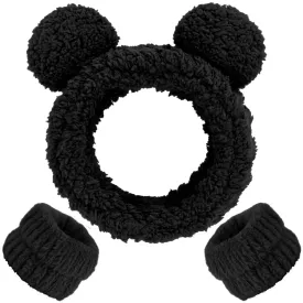 AHONEY Spa Bear Ears Headband, Face Wash Headband and Wristband Set, Cute Makeup Skincare Headbands Wrist Bands for Washing Face Elastic Fluffy Headband for Women Girls Cosmetic (Black)