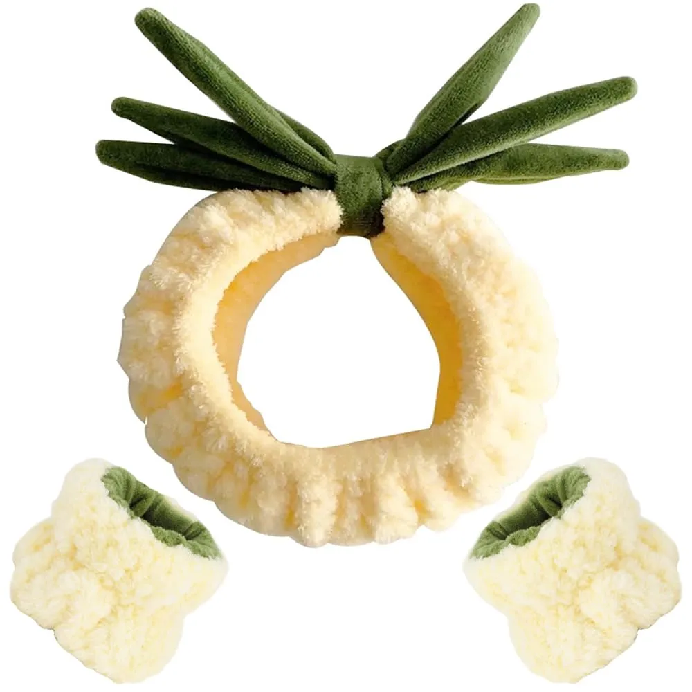 AHONEY Spa Headband Face Wash Headband and Wristband Set, Makeup Skincare Headbands for Washing Face Headband for Women Girls Cute Accessoies for Pineapple Costume Party (Yellow)