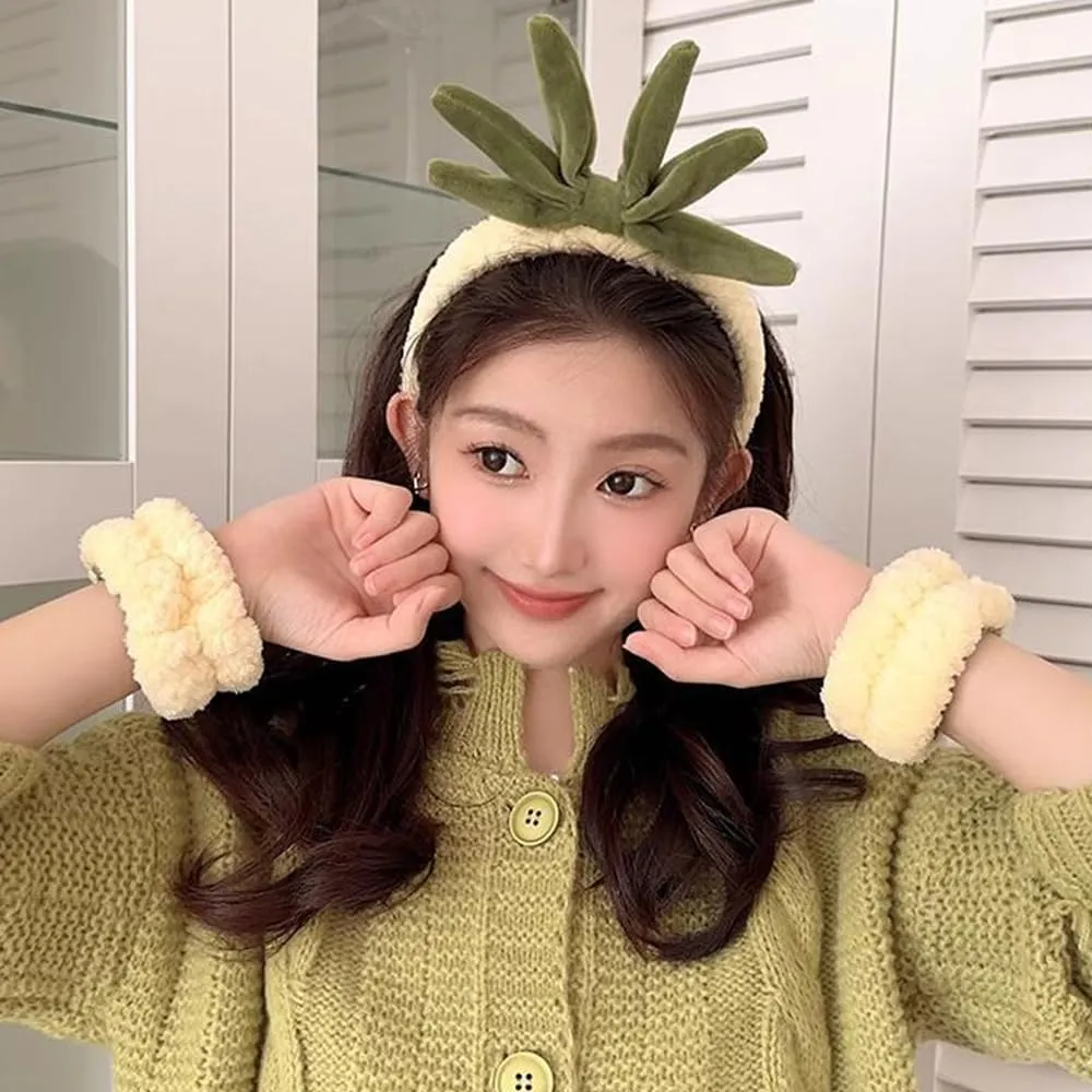 AHONEY Spa Headband Face Wash Headband and Wristband Set, Makeup Skincare Headbands for Washing Face Headband for Women Girls Cute Accessoies for Pineapple Costume Party (Yellow)