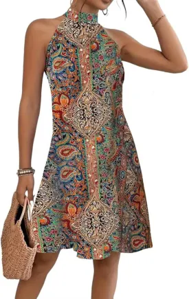 AIMITAG Cute Floral Print Pleated Dress for Women Summer Sleeveless Halter Neck Dresses Boho Tropical Ruffle Sundress