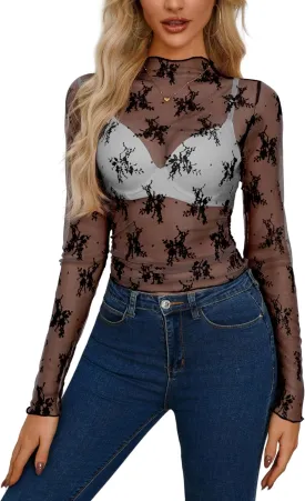 AISEW Womens Mesh Sheer Long Sleeve Crop Tops Mock Neck Sexy See Through Tee Shirts Lace Floral Y2K Layering Top Blouses