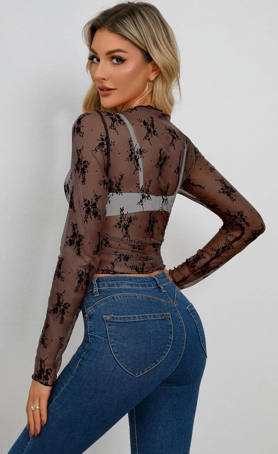 AISEW Womens Mesh Sheer Long Sleeve Crop Tops Mock Neck Sexy See Through Tee Shirts Lace Floral Y2K Layering Top Blouses