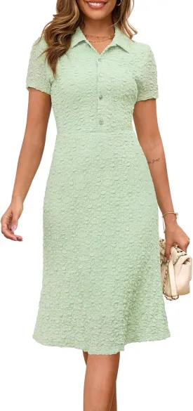 Annebouti Womens 2025 Spring Summer Short Sleeve Elegant Lace Button Down Semi-Formal Work Business Casual Midi Dress