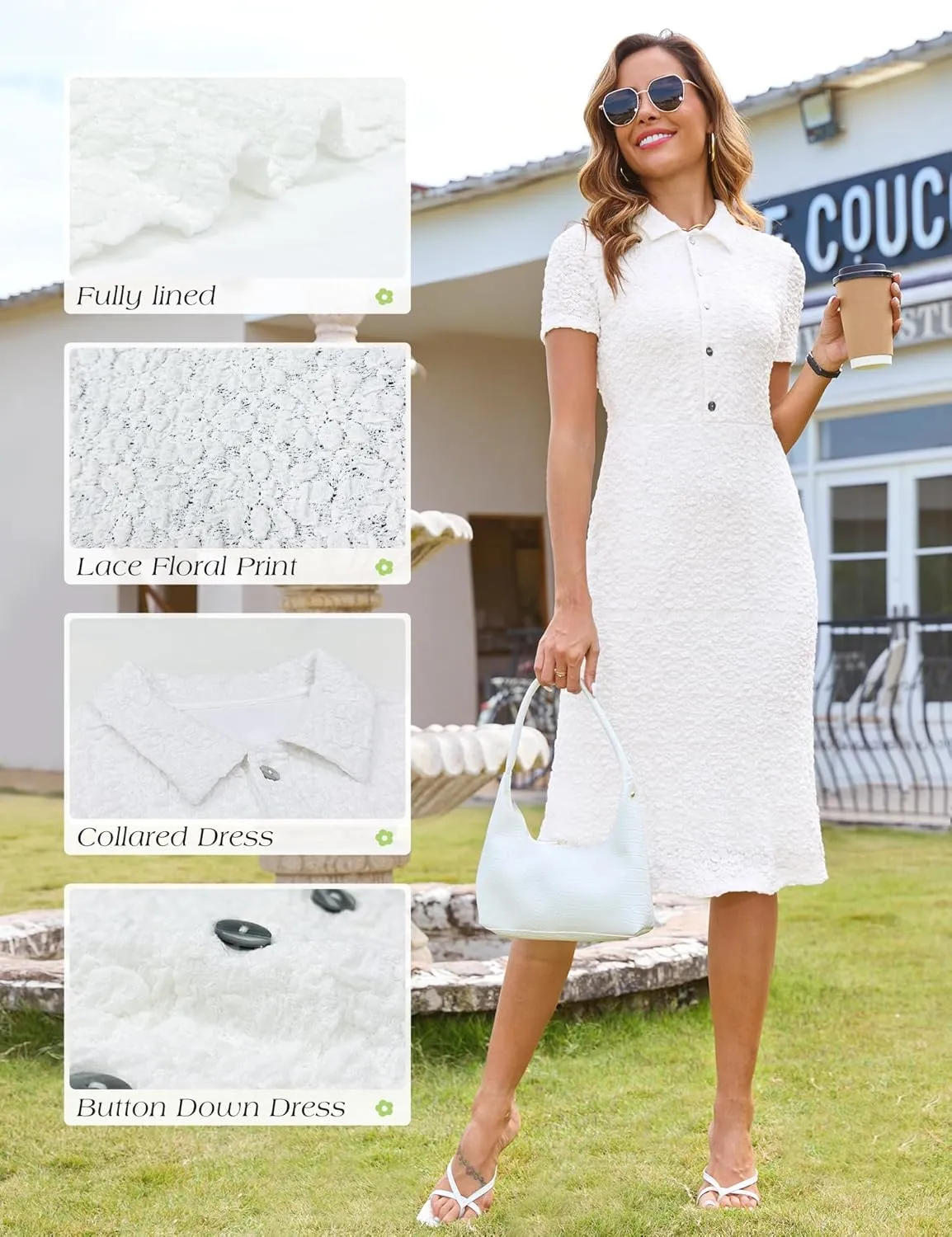 Annebouti Womens 2025 Spring Summer Short Sleeve Elegant Lace Button Down Semi-Formal Work Business Casual Midi Dress
