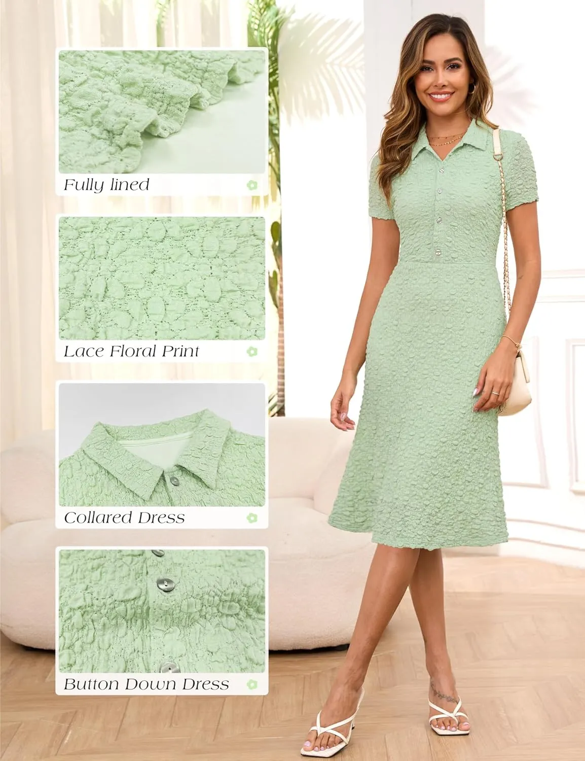 Annebouti Womens 2025 Spring Summer Short Sleeve Elegant Lace Button Down Semi-Formal Work Business Casual Midi Dress