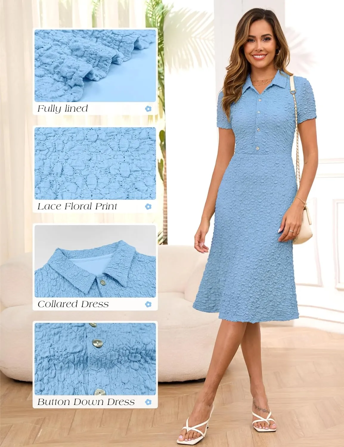 Annebouti Womens 2025 Spring Summer Short Sleeve Elegant Lace Button Down Semi-Formal Work Business Casual Midi Dress