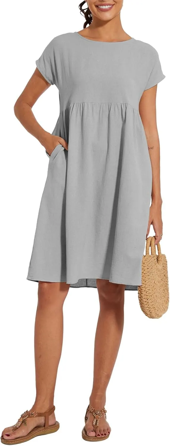 Baggy Crew Neck Dress for Women Summer Casual Comfy Cotton Short Sleeve Tunic Beach Midi Dresses with Pockets