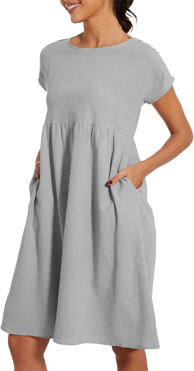 Baggy Crew Neck Dress for Women Summer Casual Comfy Cotton Short Sleeve Tunic Beach Midi Dresses with Pockets