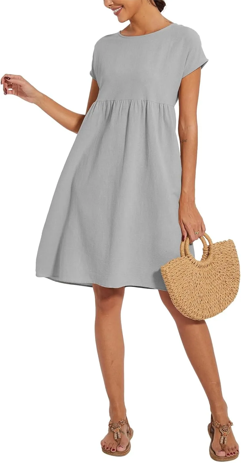 Baggy Crew Neck Dress for Women Summer Casual Comfy Cotton Short Sleeve Tunic Beach Midi Dresses with Pockets