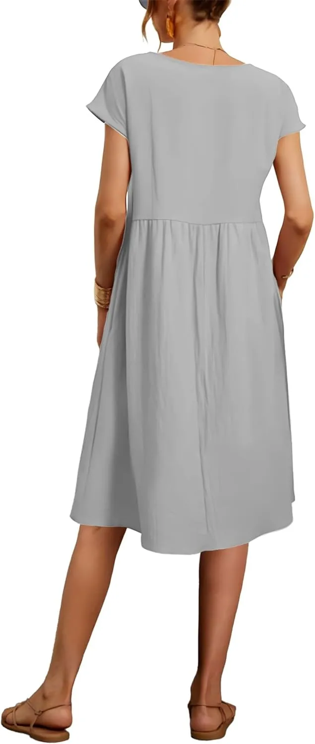 Baggy Crew Neck Dress for Women Summer Casual Comfy Cotton Short Sleeve Tunic Beach Midi Dresses with Pockets