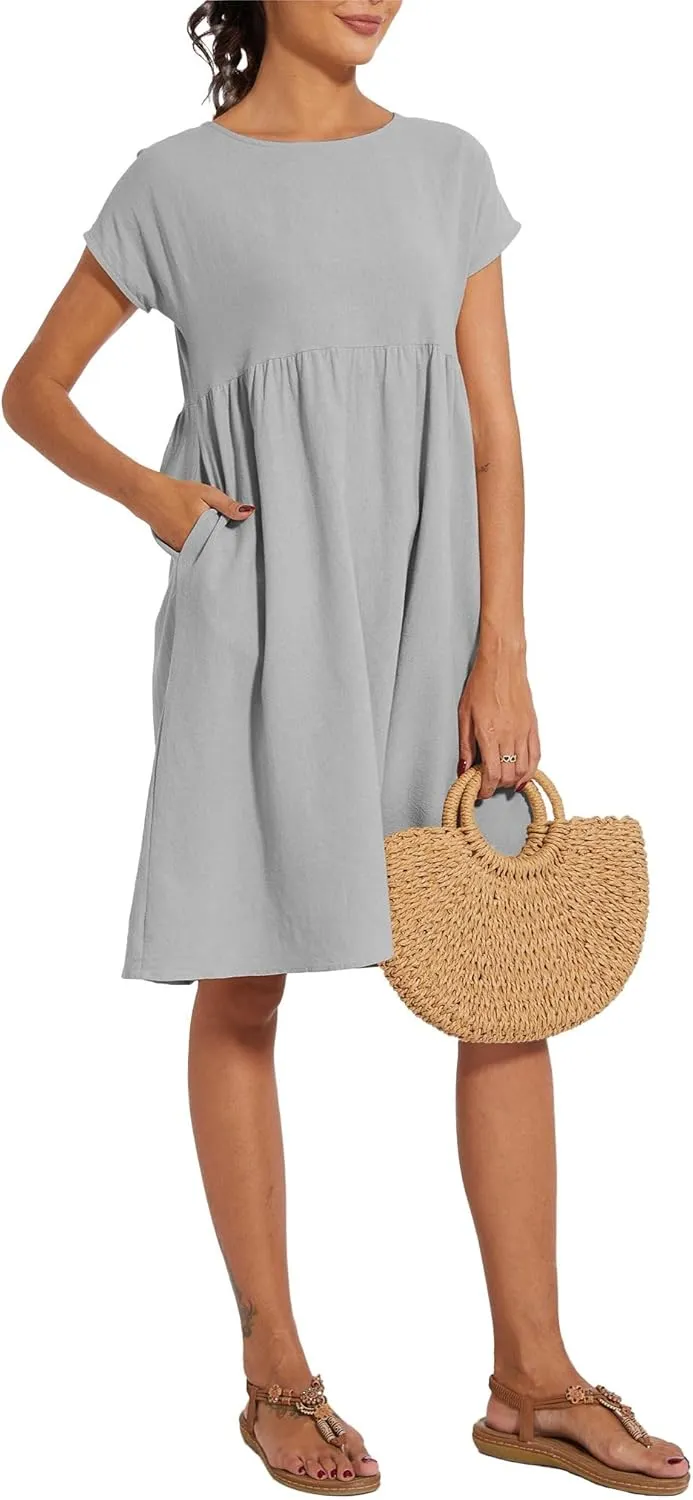 Baggy Crew Neck Dress for Women Summer Casual Comfy Cotton Short Sleeve Tunic Beach Midi Dresses with Pockets