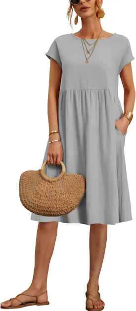 Baggy Crew Neck Dress for Women Summer Casual Comfy Cotton Short Sleeve Tunic Beach Midi Dresses with Pockets