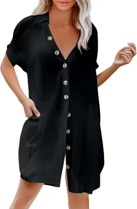 Beach Cover Ups for Women Summer Button Front Dress Casual Beach Vacation Swimsuit Short Sleeve V Neck Shirt Dress