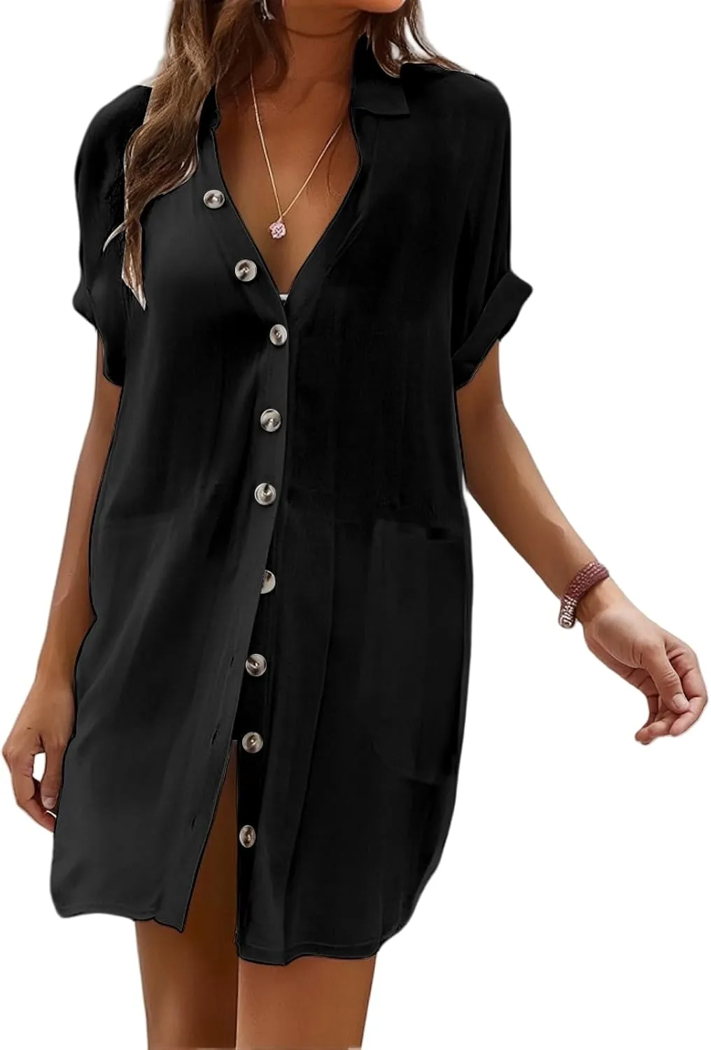Beach Cover Ups for Women Summer Button Front Dress Casual Beach Vacation Swimsuit Short Sleeve V Neck Shirt Dress