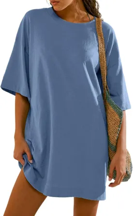 BerryGo Women's Casual Summer Cotton T Shirt Dress Crew Neck Loose Beach Mini Tshirt Tunic Dresses with Pockets