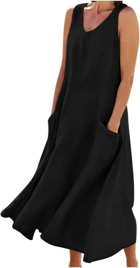 Cotton Linen Maxi Dress for Women Summer Boho Casual Beach Dresses Sleeveless Solid Long Dress Vacation Outfits