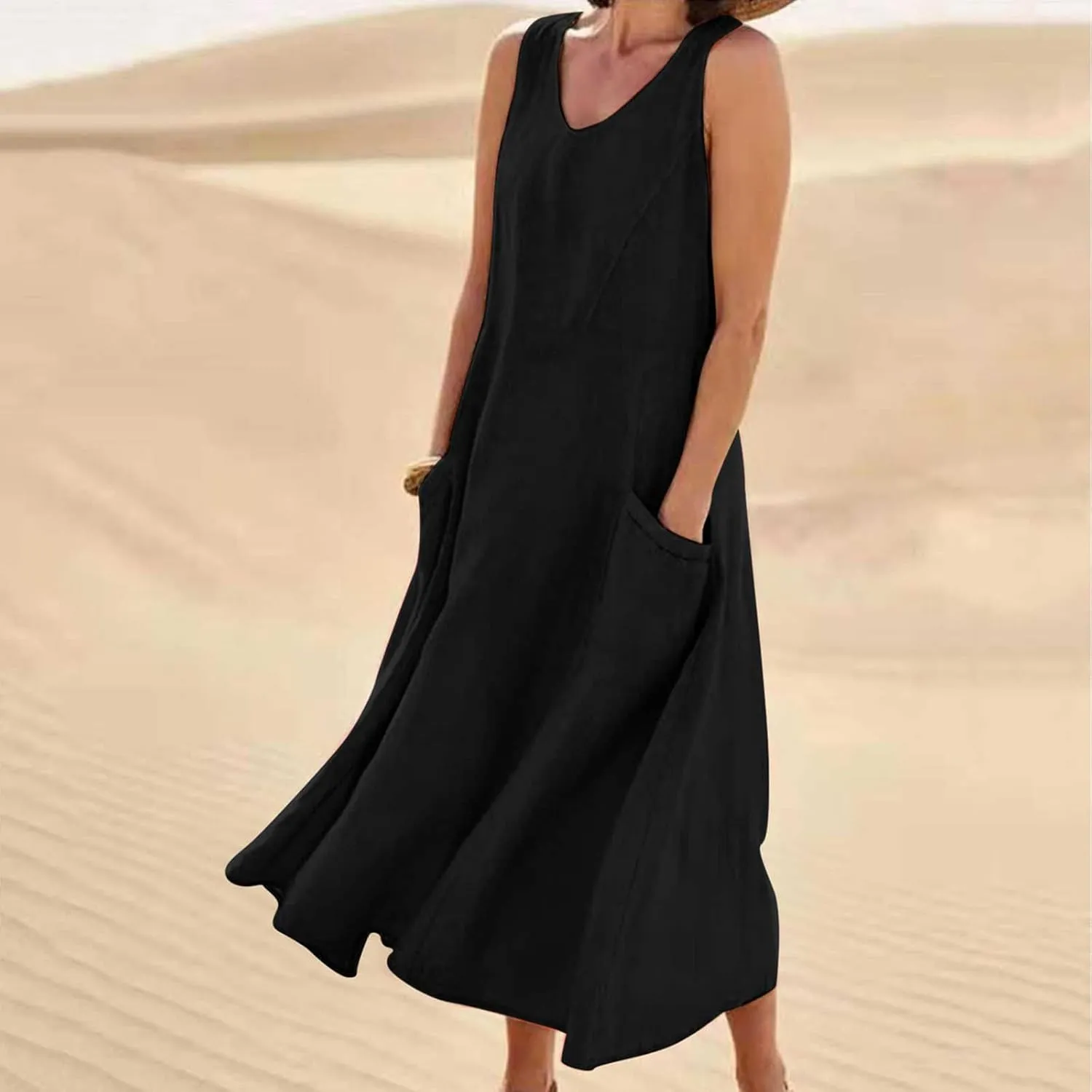 Cotton Linen Maxi Dress for Women Summer Boho Casual Beach Dresses Sleeveless Solid Long Dress Vacation Outfits