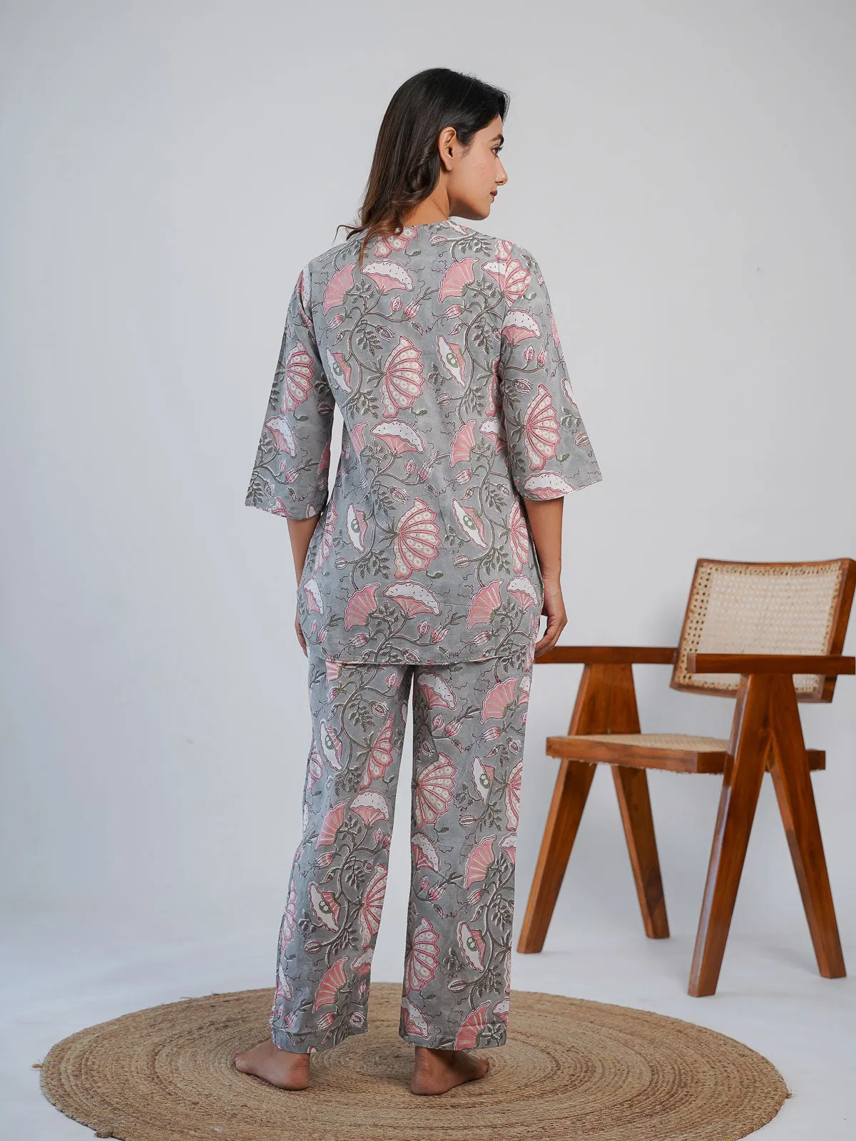 Cotton Printed Lounge Wear Coord Set Grey