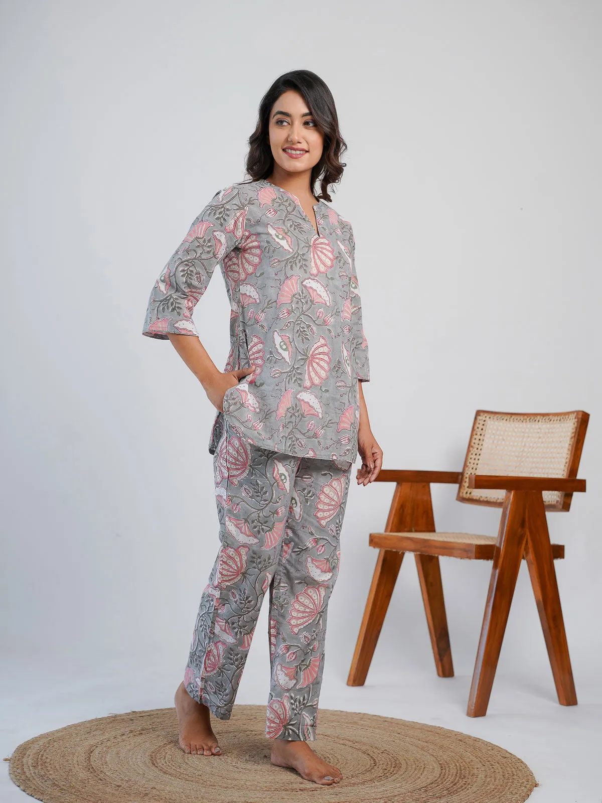 Cotton Printed Lounge Wear Coord Set Grey