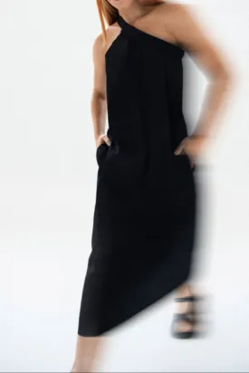 Cotton Stretch One Shoulder A.Line Maxi Dress Etna Black