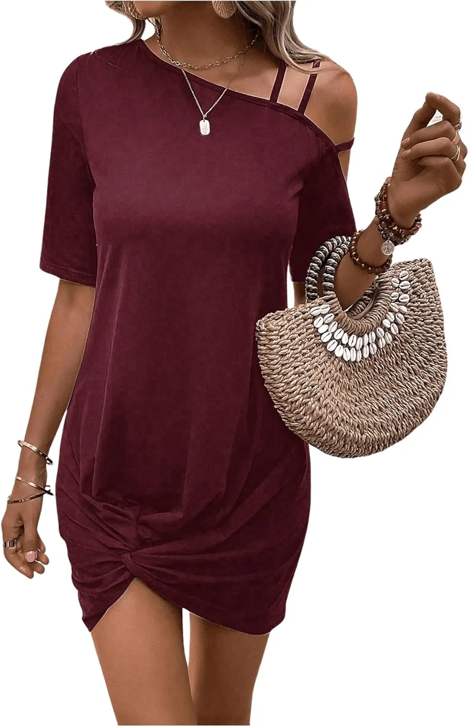 COZYEASE Women's Twist Hem Asymmetrical Neck Dress Short Sleeve Plain Casual Summer Dress