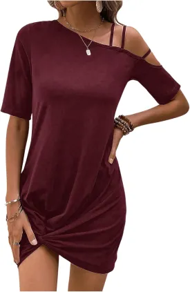 COZYEASE Women's Twist Hem Asymmetrical Neck Dress Short Sleeve Plain Casual Summer Dress