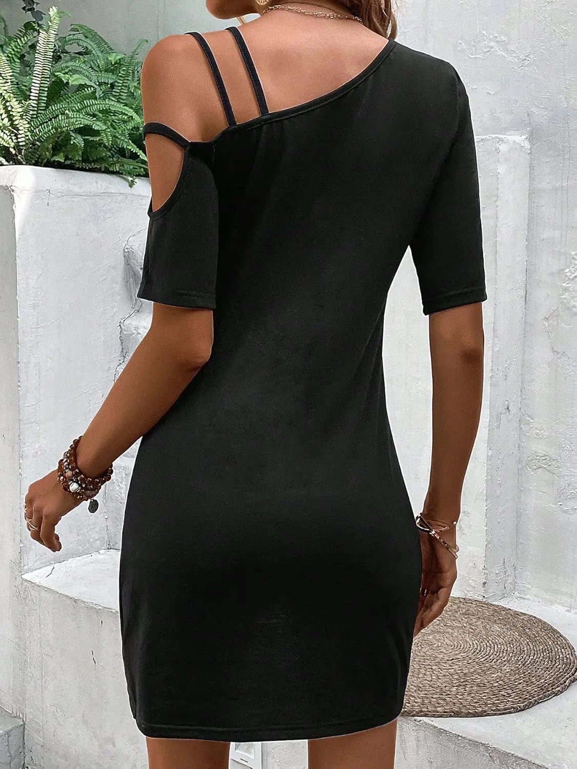 COZYEASE Women's Twist Hem Asymmetrical Neck Dress Short Sleeve Plain Casual Summer Dress