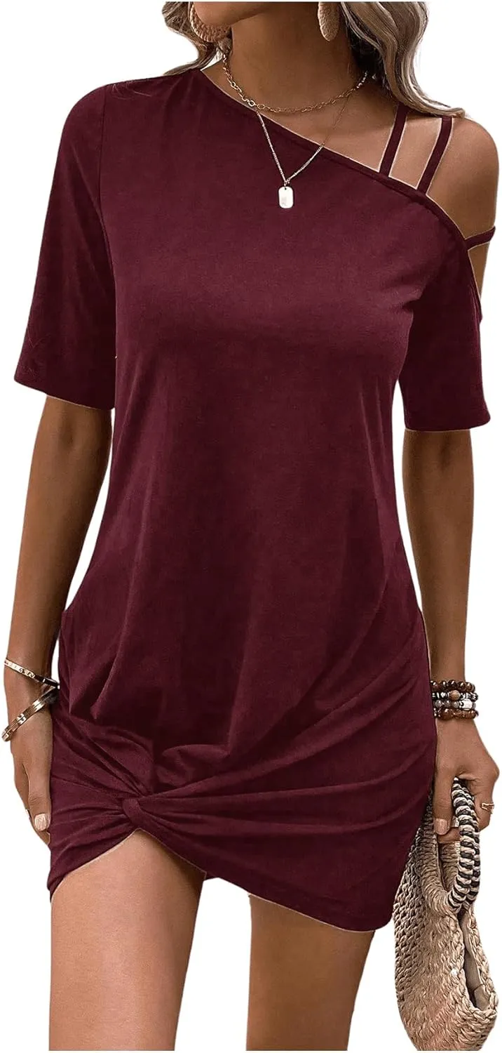 COZYEASE Women's Twist Hem Asymmetrical Neck Dress Short Sleeve Plain Casual Summer Dress
