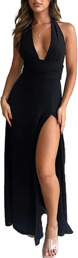 Ekaliy Womens Sexy Halter Deep V Neck Maxi Dress Sleeveless Backless Split Long Dress