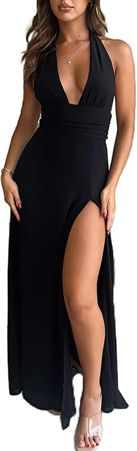 Ekaliy Womens Sexy Halter Deep V Neck Maxi Dress Sleeveless Backless Split Long Dress