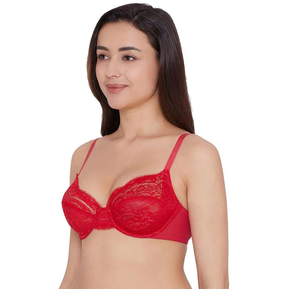 Essential Lace Non Padded Wired Full Cup Bridal Wear Lace Bra Full Support Bra - Red