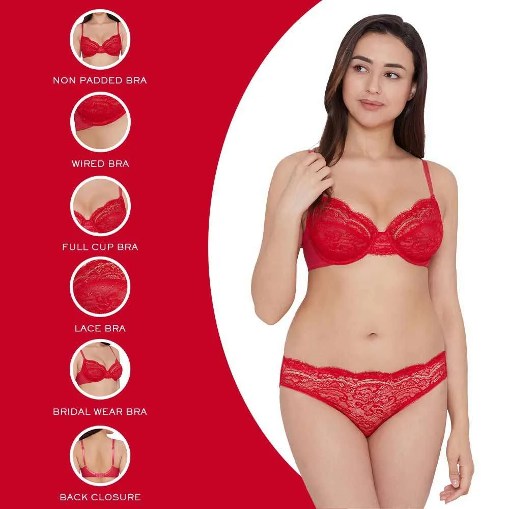 Essential Lace Non Padded Wired Full Cup Bridal Wear Lace Bra Full Support Bra - Red