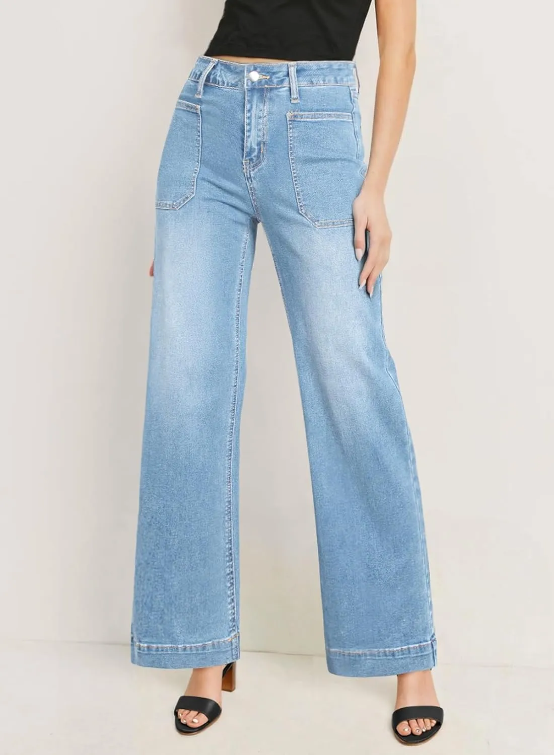 EVALESS Womens Wide Leg Jeans High Waisted Stretchy Loose Denim Pants