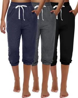 Ficerd 3 Pcs Women's Capri Sweatpants Joggers Summer Casual Sports Cropped Lounge Pants High Waisted Athletic with Pockets
