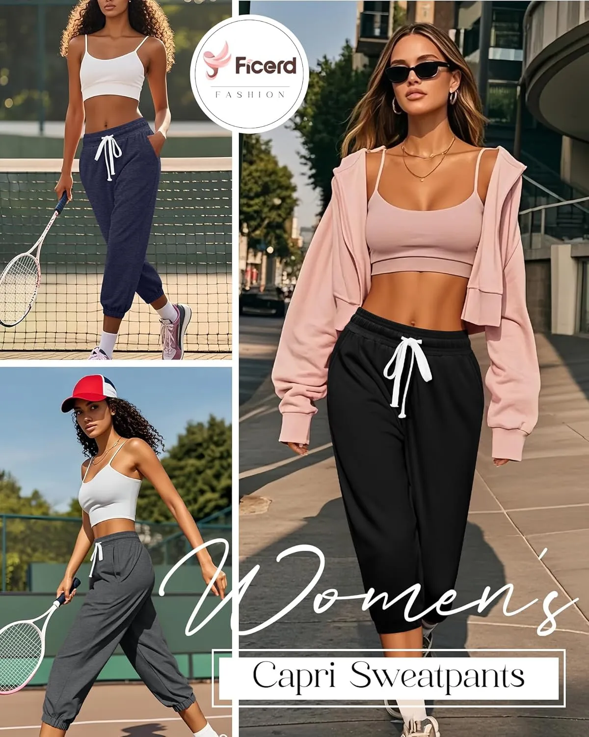 Ficerd 3 Pcs Women's Capri Sweatpants Joggers Summer Casual Sports Cropped Lounge Pants High Waisted Athletic with Pockets