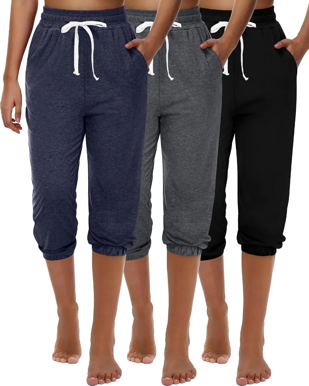Ficerd 3 Pcs Women's Capri Sweatpants Joggers Summer Casual Sports Cropped Lounge Pants High Waisted Athletic with Pockets
