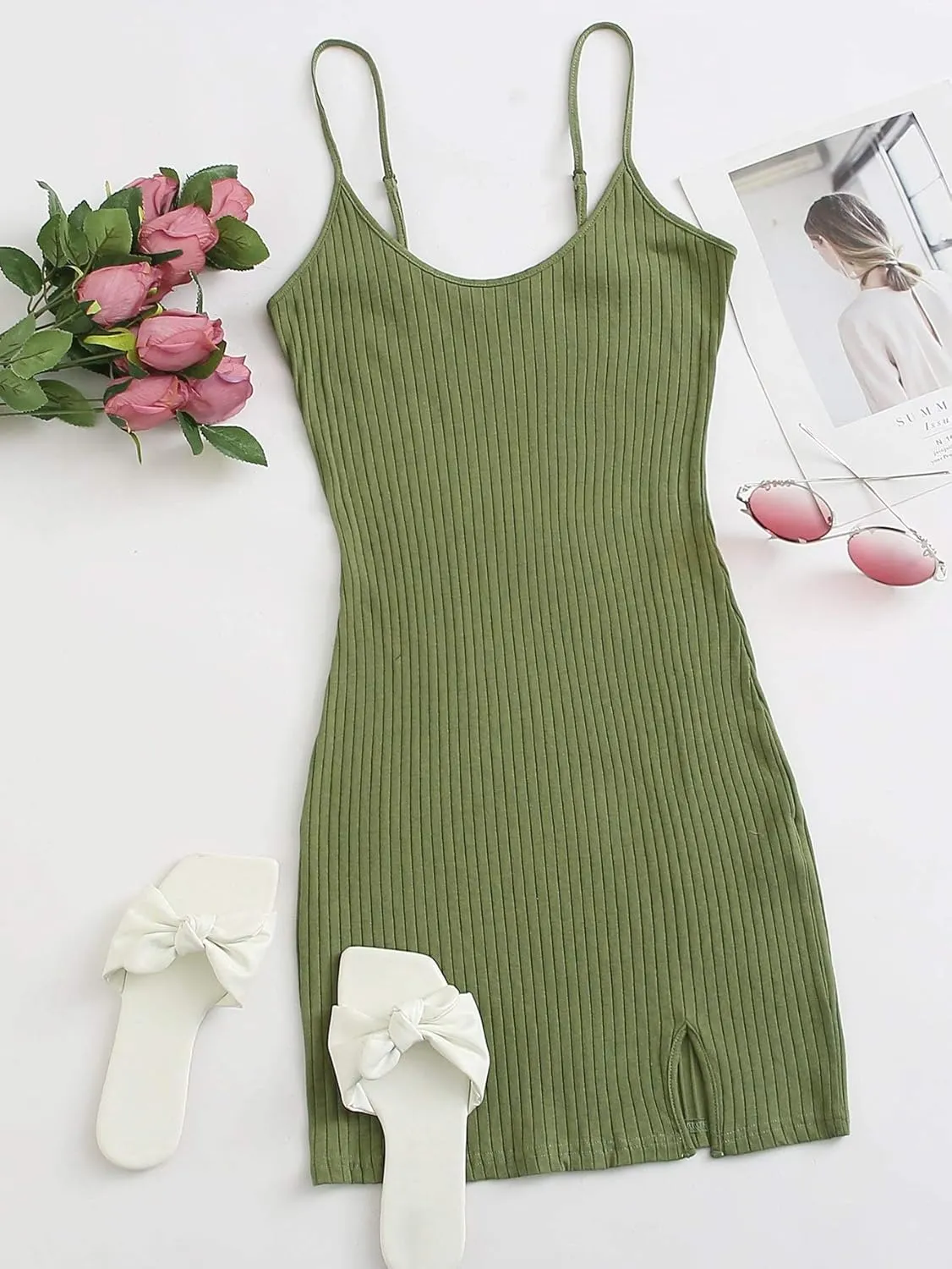 Floerns Women's Casual Solid Sleeveless Cami Split Hem Ribbed Knit Bodycon Mini Dress