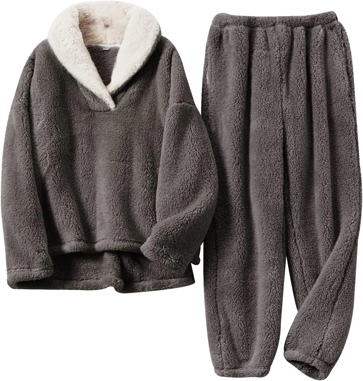 Gihuo Women' s Fluffy Pajamas Set Fleece Pullover Pants Loose Plush Sleepwear 2 Piece Pjs Set Warm Loungewear Fuzzy