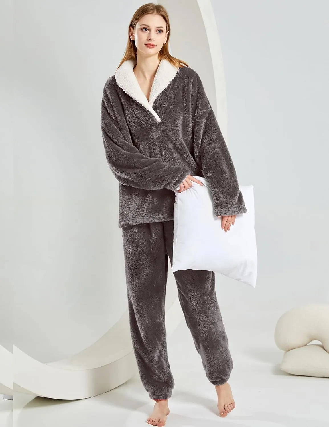 Gihuo Women' s Fluffy Pajamas Set Fleece Pullover Pants Loose Plush Sleepwear 2 Piece Pjs Set Warm Loungewear Fuzzy