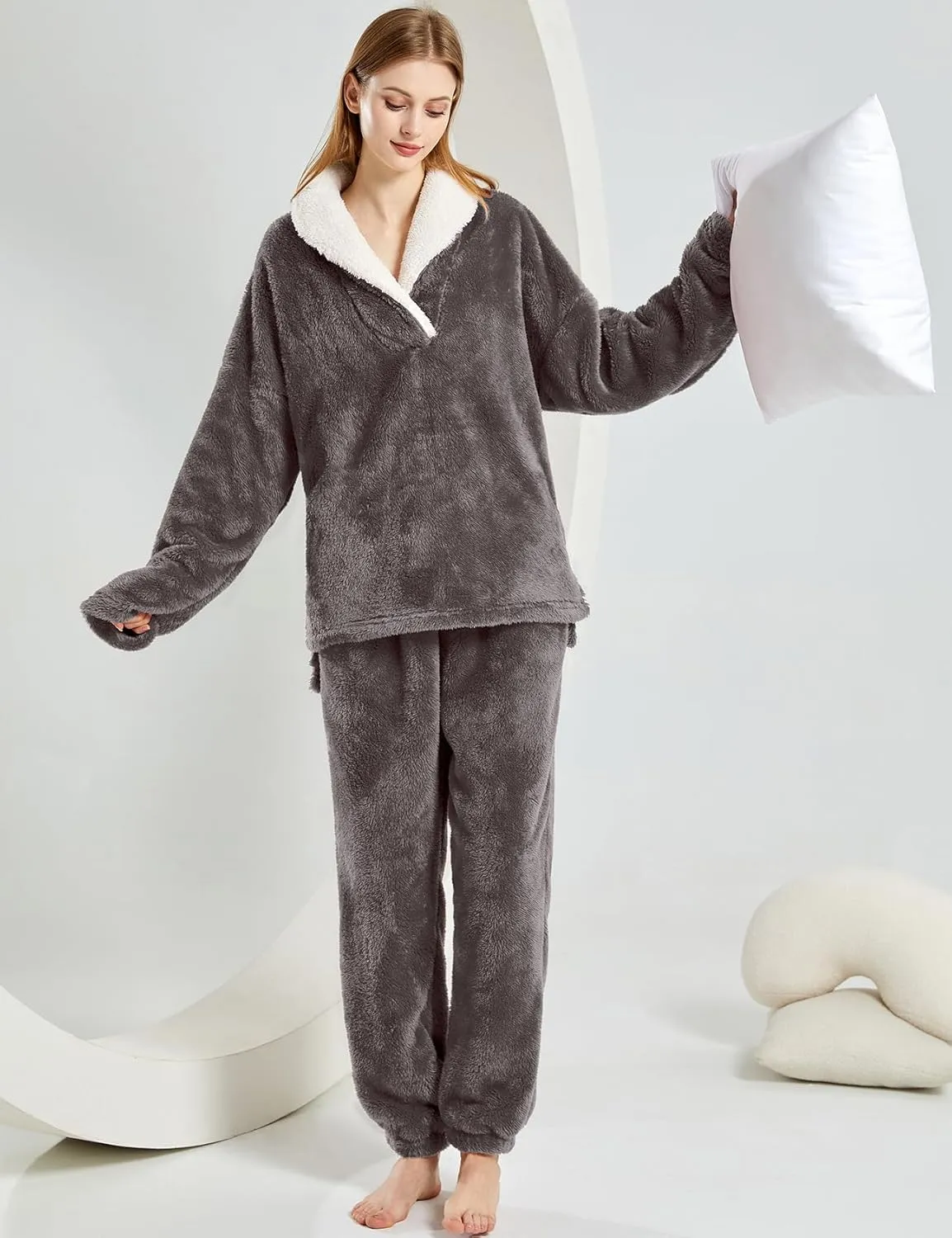 Gihuo Women' s Fluffy Pajamas Set Fleece Pullover Pants Loose Plush Sleepwear 2 Piece Pjs Set Warm Loungewear Fuzzy