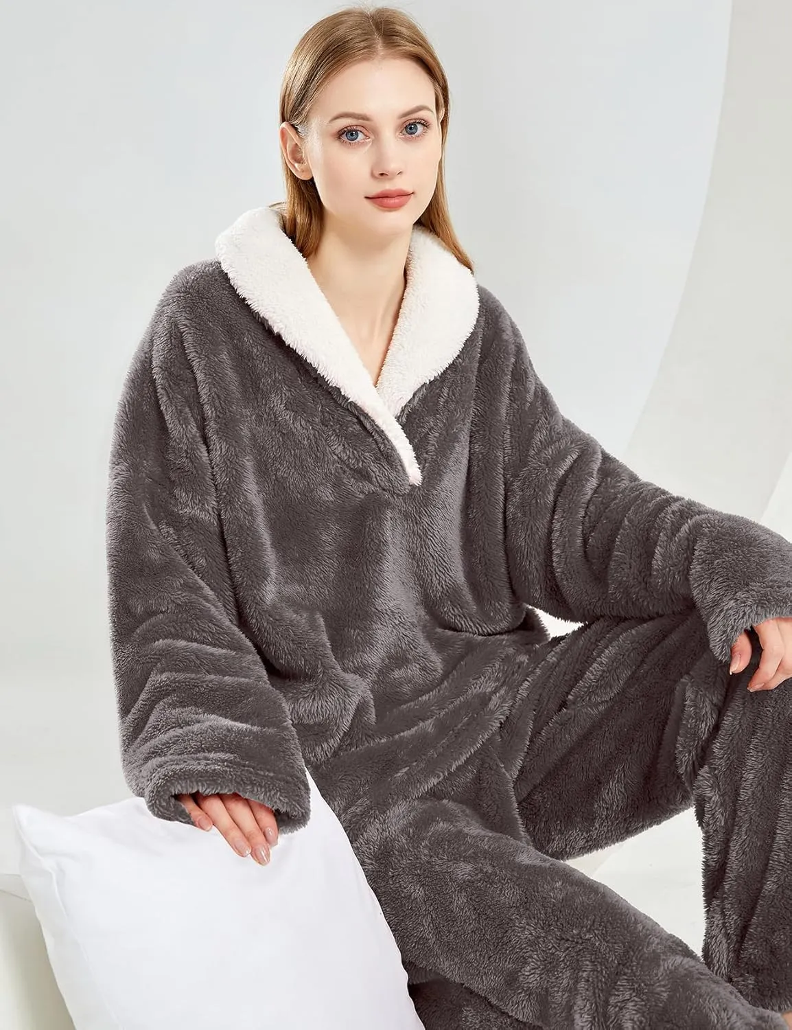 Gihuo Women' s Fluffy Pajamas Set Fleece Pullover Pants Loose Plush Sleepwear 2 Piece Pjs Set Warm Loungewear Fuzzy