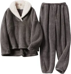 Gihuo Women' s Fluffy Pajamas Set Fleece Pullover Pants Loose Plush Sleepwear 2 Piece Pjs Set Warm Loungewear Fuzzy