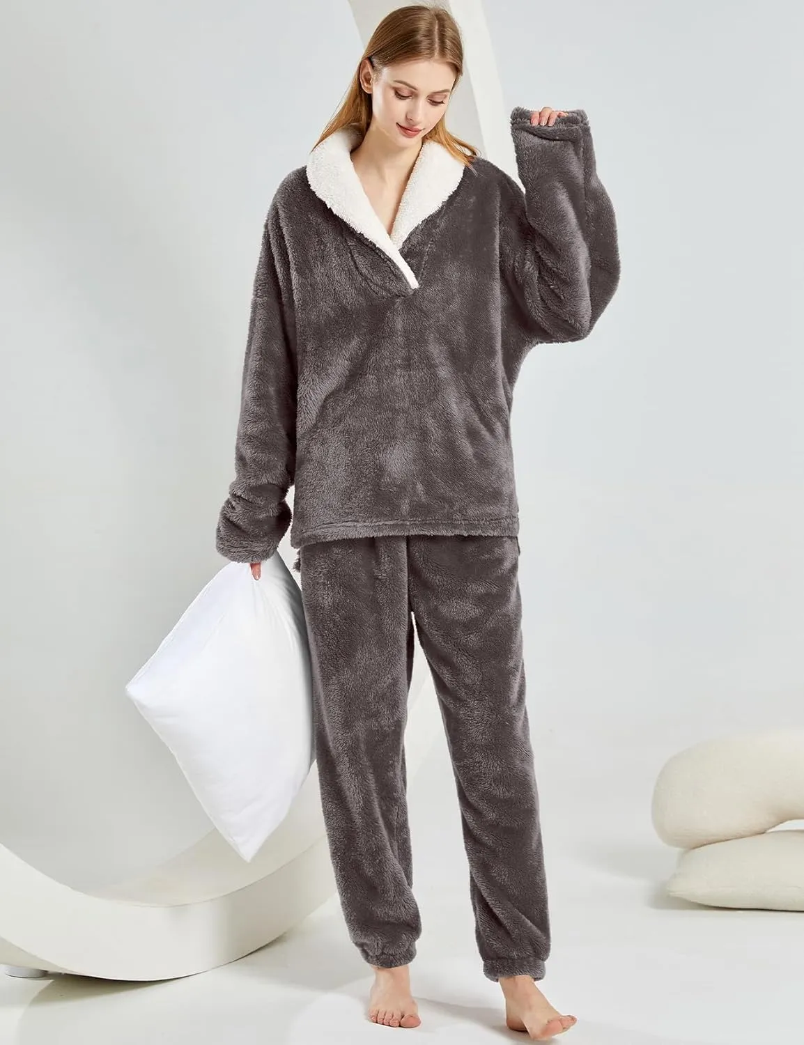 Gihuo Women' s Fluffy Pajamas Set Fleece Pullover Pants Loose Plush Sleepwear 2 Piece Pjs Set Warm Loungewear Fuzzy