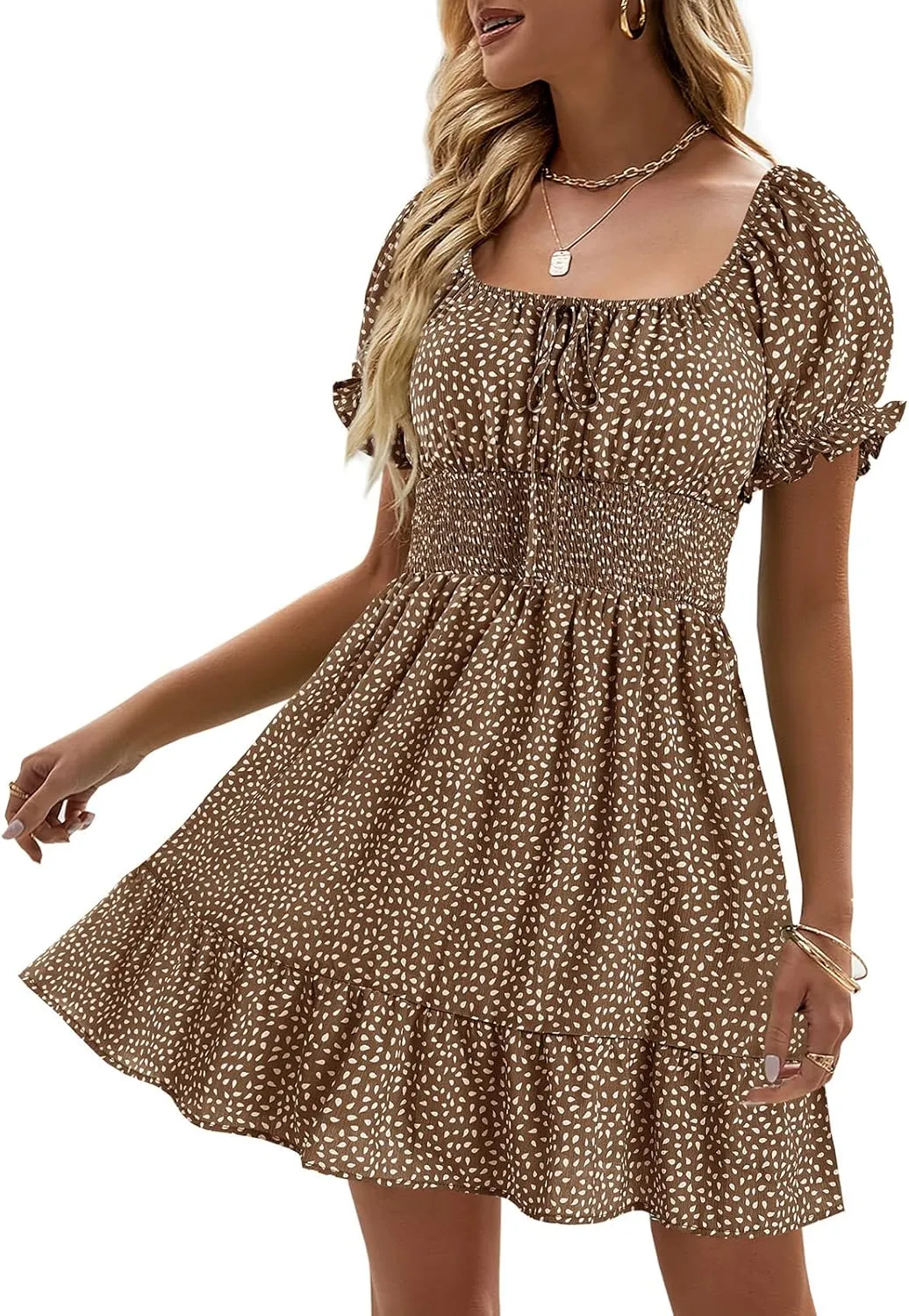 Heysolo Womens Boho Floral Smocked Square Neck Short Sleeve Ruffle Beach Summer Mini Dress
