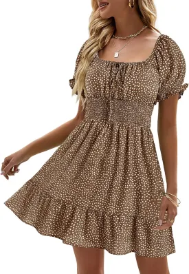 Heysolo Womens Boho Floral Smocked Square Neck Short Sleeve Ruffle Beach Summer Mini Dress