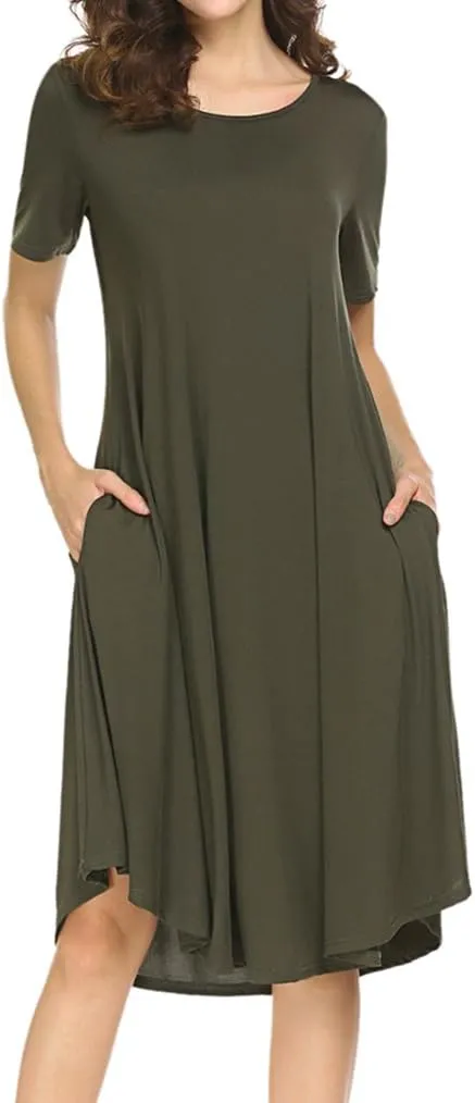 Locryz Women's Short Sleeve Pocket Swing Midi Dress Casual Loose T-Shirt Dress